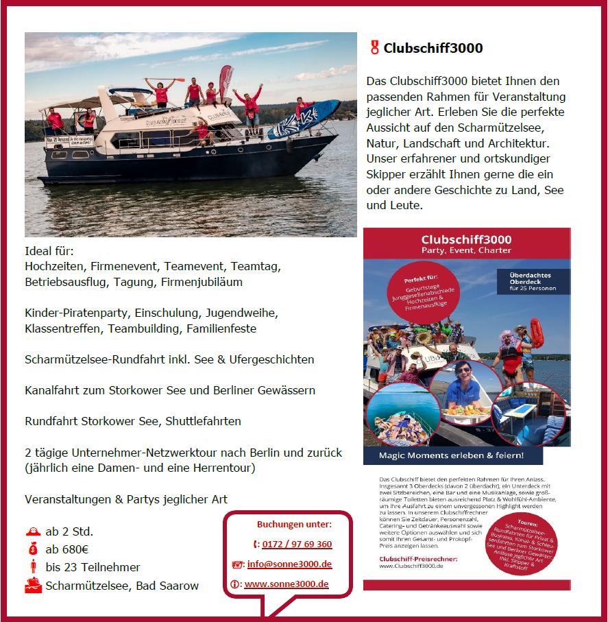 Location - Clubschiff3000, Ihre Eventlocation auf dem Wasser - Clubschiff Sonne3000